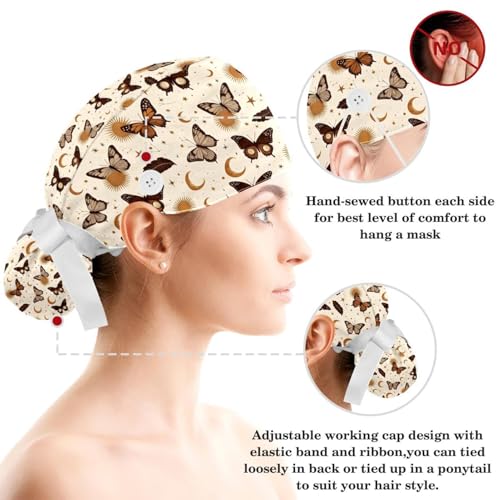 Image of Butterfly Scrub Cap Women with Ponytail & Buttons Adjustable Surgical Nurse Hat with Cotton Sweatband for Long Hair