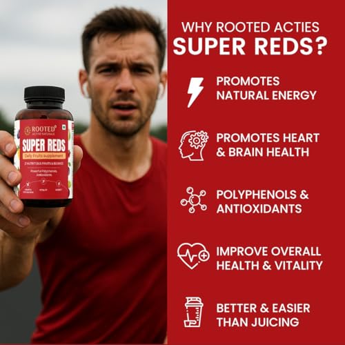 Image of Rooted Active's Super Red Tablets for Men & Women | Comprehensive Daily Supplement with 21+ Nutritious Fruits & Berries | Supports Heart Health, Energy, Immunity | 60 Tablets