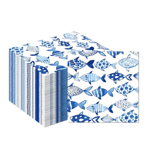 MORAINJAY 40 Serviettes en Papier Poissons Bleus 33x33cm, Serviettes de Table Poissons pour Fête d'Anniversaire, Décoration de Table et Accessoires de Fête