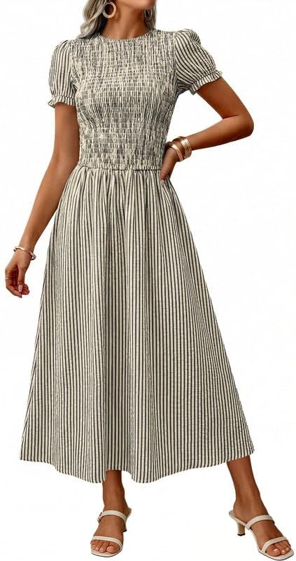 Womens Stripe Smocked Midi Dress Flowy A Line Puff Short Sleeve Crewneck Boho Vacation Beach Maxi Dresses