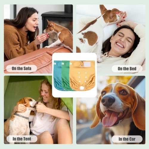 Image of wegreeco Washable Dog Diapers (3 Pack), Highly Absorbent Dog Diapers Female for Doggie Puppy in Heat, Period, Incontinence, or Excitable (Blue Green Yellow, Small)