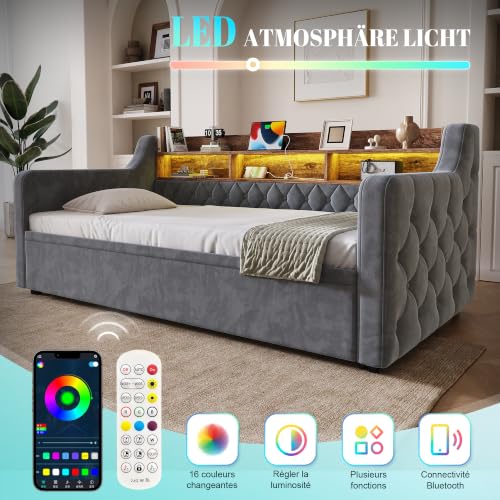 Sofá cama de 90x190 de terciopelo gris oscuro con cabecero de madera estructurado 8