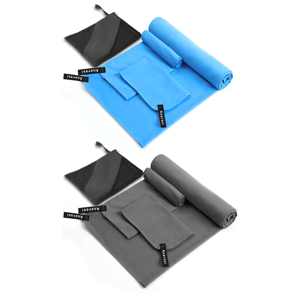 Anavasi 6 PCS Microfibre Towels for Adults, 2*(180*80 + 80*40 + 50*30) Microfibre Gym Towels with Net Bag, Lightweight and Quick Dry Travel Towel for Camping Travel Sports (Dark Blue and Dark Grey)