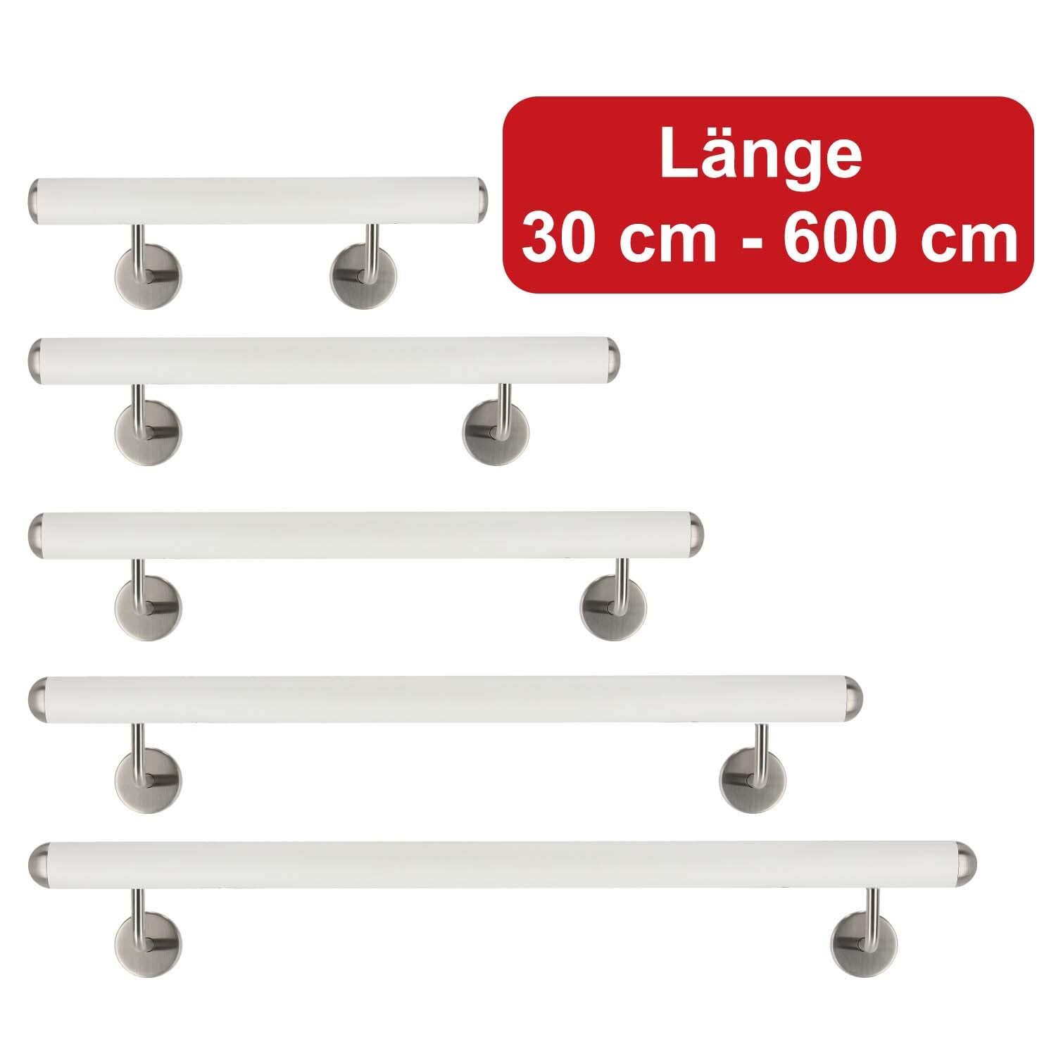 TIBU Poręcz biała 30-600 cm, poręcz schodowa ze stali nierdzewnej z kątową poręczą, długość 280 cm, z 3 uchwytami i półokrągłą nasadką