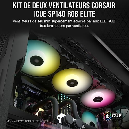 Corsair iCUE SP140 RGB ELITE Performance 140 mm Kit de Deux Ventilateurs avec Lighting Node CORE (Technologie CORSAIR AirGuide, Huit LED Paramétrables, Silencieux Niveau Sonore 18 dBA) Noir