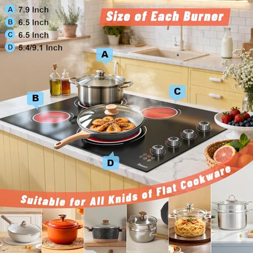 Image of 30 Inch Electric Cooktop (Cut-out Size: 29.13 inchx19.3 inch) 4 Burner - 30 Inch Built-in Ceramic Stove 6700W, 30 inch Electric Burner with Timer, Safety Lock, 240V Hard Wired (Black-Sliver Knob)