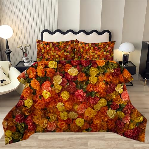 Yellow Orange Rose Flowers Pattern Comforter Set for Women Girls Full Size Autumn Colorway 3D Floral Roses Print Girly Quilted Bedding Set Fashion Soft Kids Adult Bedroom Comforter with 2Pillowcases