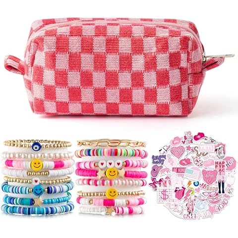 LieToi 67Pcs Checkered Cosmetic Bag Set Pink Knitted Toiletry Makeup Bag Preppy Heishi Surfer Bracelets Stackable Disc Layering Bracelets Aesthetic Preppy Style Stickers Decals Gifts for Women Cover