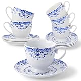 Acellegic 6 Set Floral Tea Cups and Saucers 7 oz Vintage Porcelain Coffee Cups Set Ceramic Cup with Saucers for Tea Party Wedding Bridal Shower Decoration Gift (Blue)