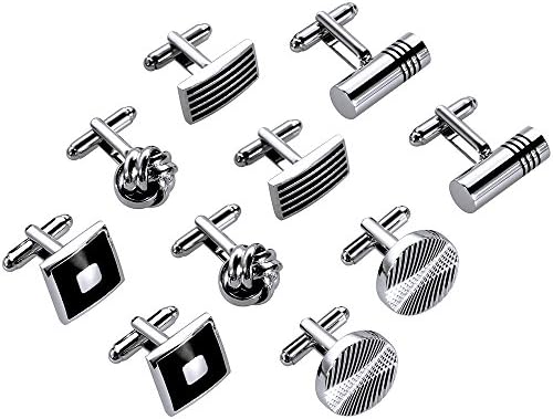 Lictin Men's Cufflinks Cuff Links for Men, Stainless Steel Classic Tone Cufflinks Black Striped Cuff Links Shirt Suit Cufflinks, 5 Pairs