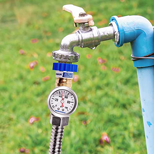 Image of MEASUREMAN Lead-Free Brass Water Pressure Regulator 3 /4 inch GHT, 0-100 PSI Pressure Gauge 1.5 inch Dial x 1 /8 inch NPT Back Mount, Garden Hose Pressure Regulator for RV, Camper, Trailer, Plumbing System