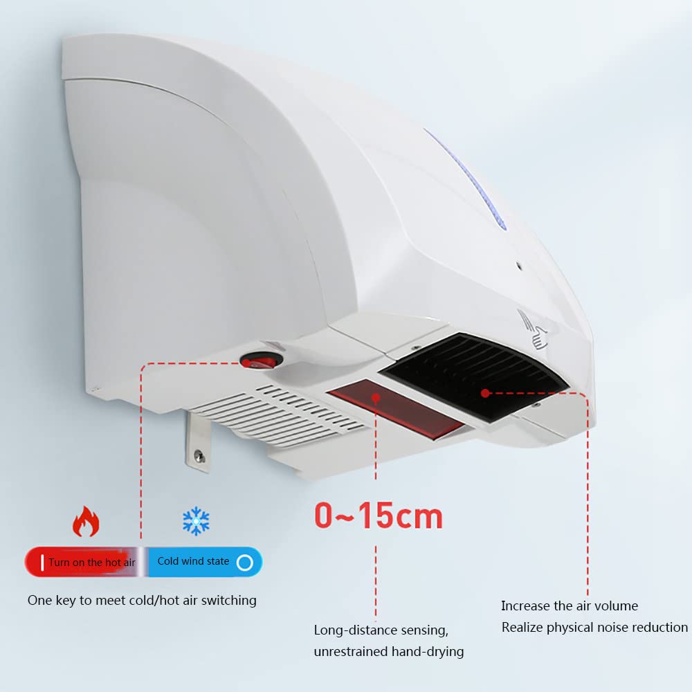 Sèche-mains électrique compact haute vitesse 2000 W Puissance Séchage rapide en 10 secondes Couleur rouge Fixation murale Usage commercial et domestique