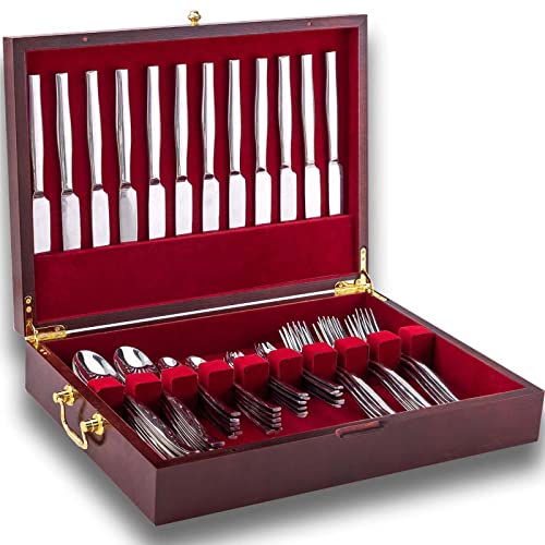 GENRICE Wooden Silverware Chest without Silverware, Silverware Box Storage for Silver Tarnish Proof, Silverware Case with Handle and Felt Lined, Flatware Chest for 12 sets of Utensils