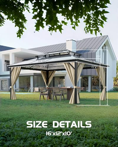 Hardtop Gazebo 12'x16' for All Weather, Double Polycarbonate Sheets Roof, Aluminum Alloy Frame, Net, and Curtain, Permanent Building for Patio, Deck, Backyard, Lawn, and Garden, Khaki