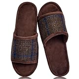 Magtoe Men's Adjustable Open Toe Slippers Summer Hook&Loop Sandal Slipper Indoor Outdoor Home Slides Travel Spa Shoes Memory Foam Micro Suede, Brown XL(13-14)