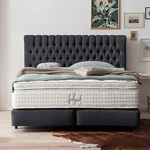 BettCo Boxspringbett Chester 160x200 Webstoff, ohne Topper, Chesterfield, Hotelbett, ohne Bettkasten, 7 Zonen Taschenfederkern-Matratze, Aufbau KOSTENLOS (Schwarz, 160x200 cm ohne Topper)
