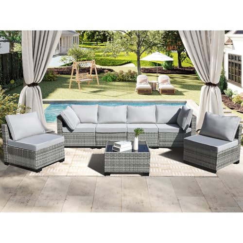 CANMOV 7 Pieces Patio Furniture Sets, All Weather Outdoor Patio Conversation Set PE, Wicker Sectional Rattan Sofa Couch with Glass Coffee Table for Garden, Poolside, Balcony, Backyard, Light Grey