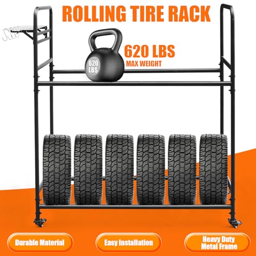 Image of Adjustable Rolling Tire Rack, Heavy-Duty Tire Storage Rack for Garage, with 4 Self-Locking Casters, Foldable Hole Board, 59 inch H x 58.6 inch W