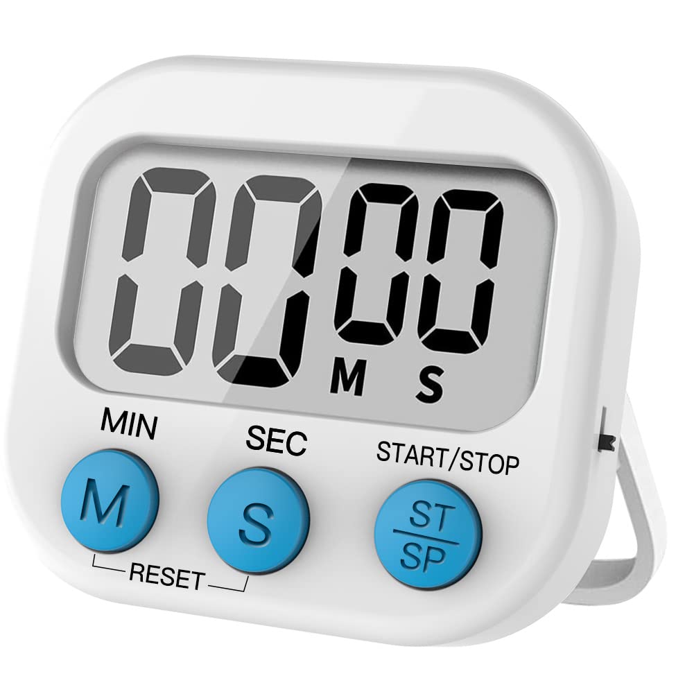 Kitchen Timer, Magnetic Countdown Clock Large LCD Digital Cooking Timer Screen Loud Alarm Back Stand Count-Down and Stopwatch (White)