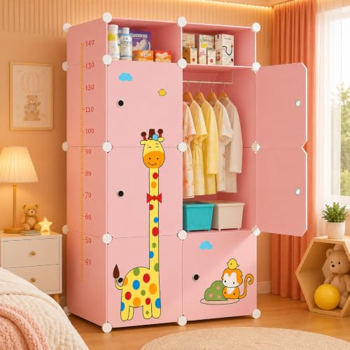 Image of 8 Door Foldable Plastic Wardrobe for Clothes Baby Cupboard for Clothes Storage, Wardrobe for Kids, Plastic Almirah, Collapsible Wardrobe for Living Room (Pink-S4, 6+2-Door)