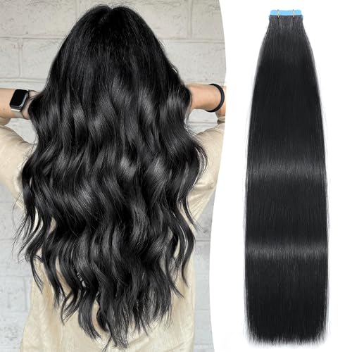 Tape in Hair Extensions Human Hair, Seamless Tape in Hair Extensions Invisible Tape in Hair Extensions Remy Human Hair for Women Straight Bundles 50g/pack (#1 Jet Black 18 Inch)