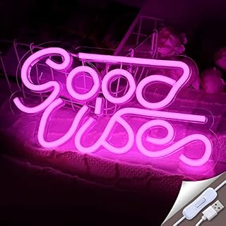 Homagical Neon Signs Good Vibes(13" X 7"), LED Neon Light Signs with Acrylic Board, Wall Decor Neon Word Light USB Powered for Teen Bedroom/New Year/Bar/Party/Children Gift(Pink)