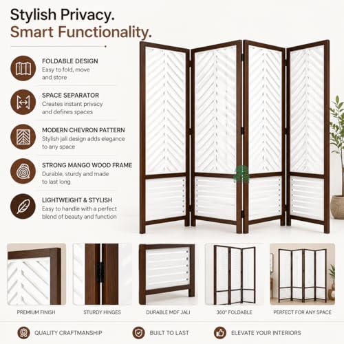 Image of Wooden Room Divider 6 Feet, 4-Panel Folding Wooden Partition for Living Room, Office, Pooja Room, Restaurant, Kitchen & Balcony (2W x 1.82H Meters). (White-Tree Pattern)