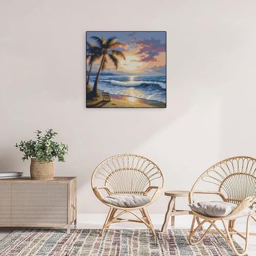 Image of Beach Sunset Stamped Cross Stitch Kits - Tree Counted Cross Stitch Kits for Beginners Adults Needlepoint Cross-Stitch Patterns Dimensions Needlecrafts Embroidery Kits Arts and Crafts 13.7x13.7 Inches
