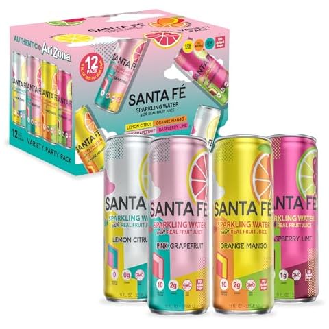 AriZona Santa Fe Sparkling Water with Real Fruit Juice, 11 fl oz Can, 4 Flavor Variety Pack - Lemon Citrus, Raspberry Lime, Pink Grapefruit, Orange Mango - NO Added Sugar (Pack of 12) Cover