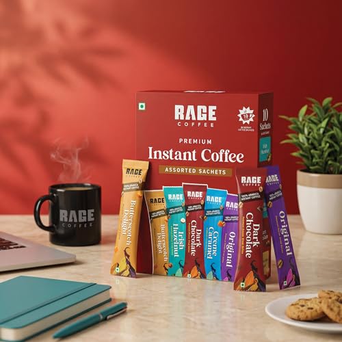 Image of Rage Coffee Instant Freeze Dried Coffee Sachets (Pack of 10) - 5 Flavours (Irish Hazelnut, Cream Caramel, Dark Chocolate, Original, Butterscotch Delight) - 2g Single-Serve Arabica Coffee Sachets | Quick Hot & Cold Brew