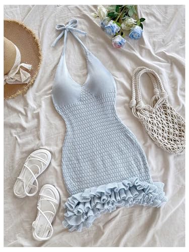 Image of GORGLITTER Women's Vacation Outfit Crochet Halter Knit Bubble Mini Dress Sexy Beach Cruise Summer Miami Resort Outfits