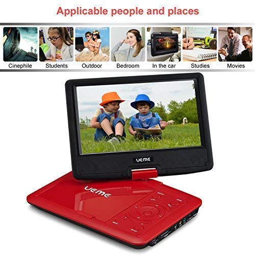 UEME Portable DVD Player with 9 inches Swivel Screen, Remote Control, Rechargeable Battery, AC Adapter Car Charger, Mobile DVD Player (Red) - Thumbnail 4