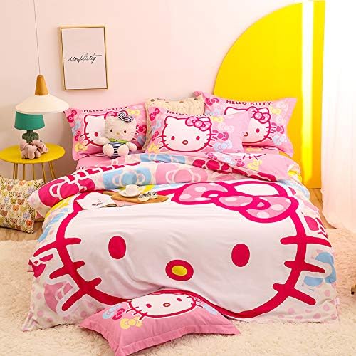 Miniatura 6 de Jacoble Casa Juego de ropa de cama 100% algodón para niñas, funda de edredón y fundas de almohada y sábana bajera, 4 piezas, color rosa Hello Kitty