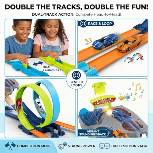 Image of Dual Toy Car Race Track Set for Kids 2 Player Loop & Launch Car Track Toy with Score Points, 4 Metal Alloy Racing Cars, Interactive Sound Effects & Competitive Stunt Challenge for Boys & Girls
