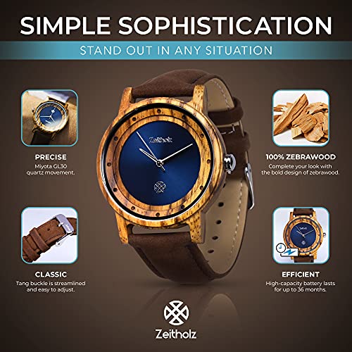 Zeitholz Unisex Wooden Watch - Eibenstock Model, Handmade from 100% Natural Zebrawood with Quartz Movement - Lightweight Analog Wooden Watch for Men and Women - Adjustable Band Fits Any Wrist2