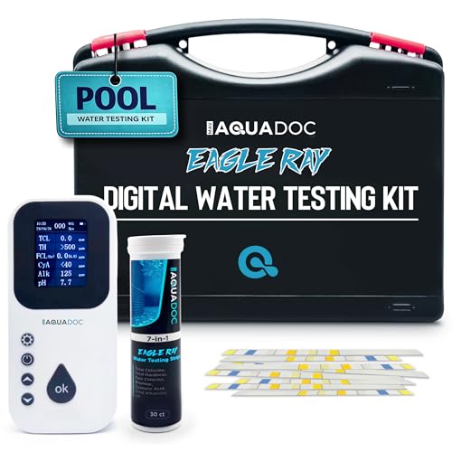 Eagle Ray Digital Pool Water Test Kit by AquaDoc with Digital Water Tester and 30 Pool Test Strips for Chlorine, Bromine, Total Hardness, Cyanuric Acid, Alkalinity, and pH