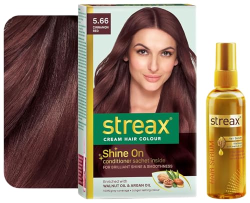 Streax Hair Serum Vitalized with Walnut Oil, For Hair Smoothening & Shine Permanent Hair Colour, 100% Grey coverage, Infused with Argan and Walnut Oil,5.66 Cinnamon Red, 120 ml, Pack of 1