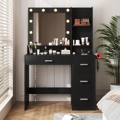 Image of YESHOMY Vanity Desk with Mirror, Power Outlet and 10 Lights, Makeup Table with 4 Drawers, 3 Color Modes Available for Bedroom, Plain Black, 39.3x17.7x58.8 inch