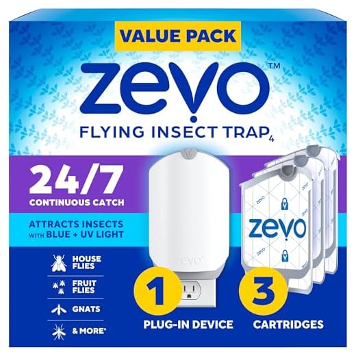 Zevo Flying Insect Trap & 3 Refill Cartridges - Plug in Fly Trap & Indoor Bug Catcher for Gnats, House & Fruit Flies - Blue & UV Light Technology, Mess-Free Alternative to Bug Zapper