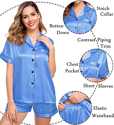 Image of LecGee Womens Silk Satin Pajamas Short Sleeve Loungewear Two-Piece Sleepwear Button-Down Pj Set