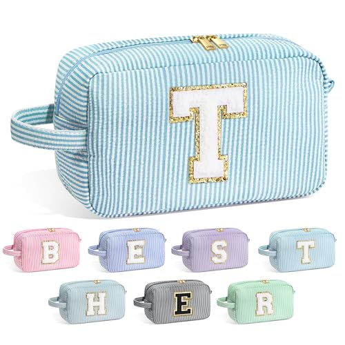 Image of YOOLIFE Teacher Appreciation Gifts for Women - Initial Makeup Bag Letter Toiletry Pouch Cosmetic Case, Personalized Birthday Gifts for Women Girls Mom Daughter Sister Friends, Light Blue T