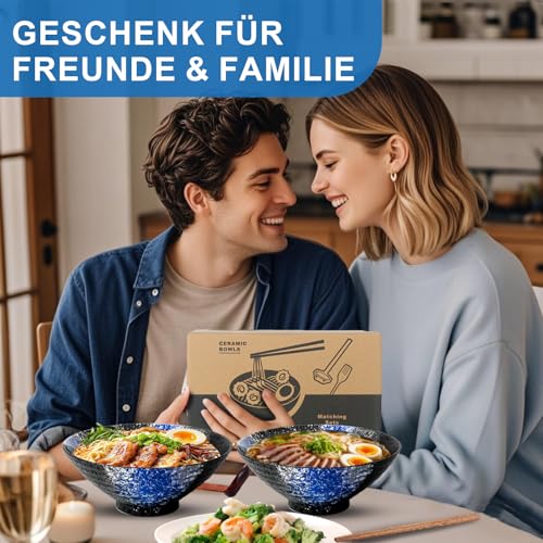 8 Zoll Keramik Ramen Schüssel 4 Set(17-Teilig) - Japanisches Porzellan Geschirr mit Gabel Essstäbchen Löffel und Rezepte Spülmaschinenfest für Nudeln Suppen Getreide Salate Geschenke für neuen Häusern