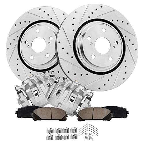 Image of Detroit Axle - Front Brake Kit for Toyota Highlander Lexus NX200t NX300 | NX300h RX350 RX450h Drilled & Slotted Brake Rotors Brake Calipers w /Brackets Ceramic Brake Pads Replacement