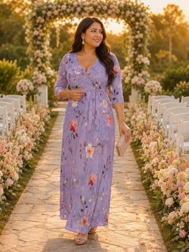 Image of Plus Size Maxi Dress for Women V Neck Flowy Dresses with Pockets for Wedding Guest Church