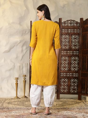 Stylum Women's Solid & Embroidered Cotton Blend Straight Kurta (Sandra44_Mustard, Xxl)