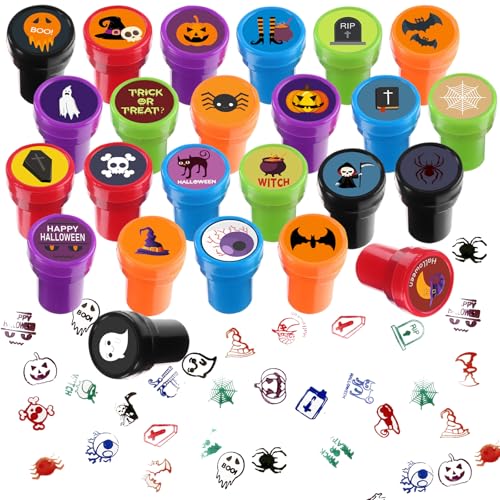 24-Pack Halloween Self-Inking Stamps Spooky Themes with Ghosts Bats Witches etc 24 Assorted Designs for Party Favors Game Prizes and Trick-or-Treat Goodies Bag Fillers Kids Festive Toy Stamps