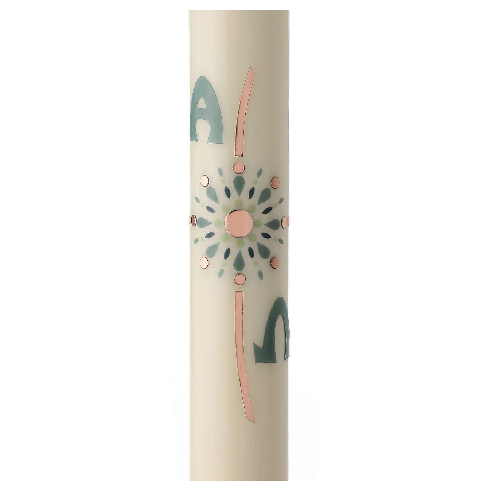 Modern Paschal Candle with coppery Cross, sea-Green Decoration and Lettres Alpha and Omega, 30x3 in