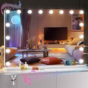 36”X24” Vanity Mirror With Bluetooth Speaker, Hollywood Lighted Makeup Mirror with 16 Dimmable LED Bulbs, 3 Color Lighting Modes & Stepless Dimming, 5X Magnification, Tempered Glass, USB & Type-C