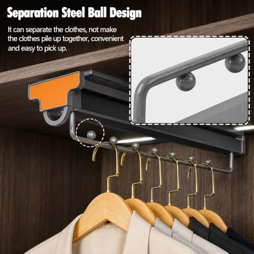 Image of Pull-Out Wardrobe Clothes Hanger Rail, Telescopic Sliding Closet Rod with Smooth Damping, Space-Saving Clothing Organizer for Shirts, Pants, Ties & Scarves, Aluminium Alloy - Grey