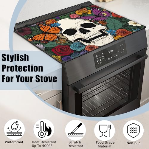 Image of Stove Top Covers for Electric Stove,Halloween Skull Flat Top Stove Cover,Colorful Butterfly Flowers Heat Resistant Glass Top Stove Cover Protector Anti-Slip Range Covers, 28 x 20 Inch